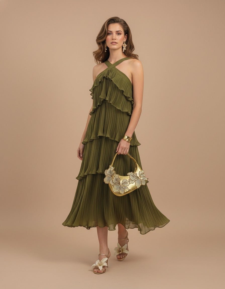 Vestido halter con olanes Mila