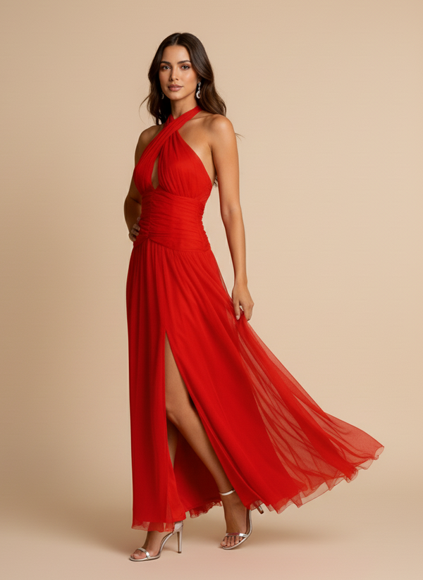 Vestido halter cruzado de tul Sienna