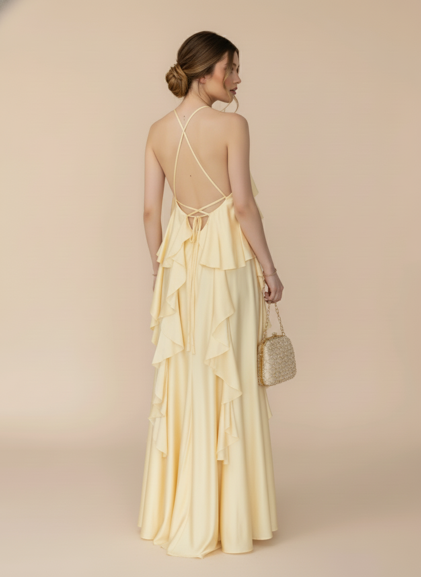 Vestido halter de escarolas Mariel