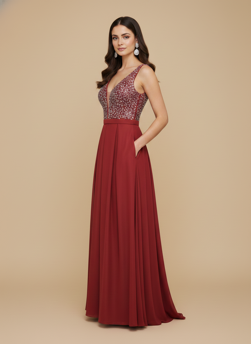 Vestido escote en V bordado Maia