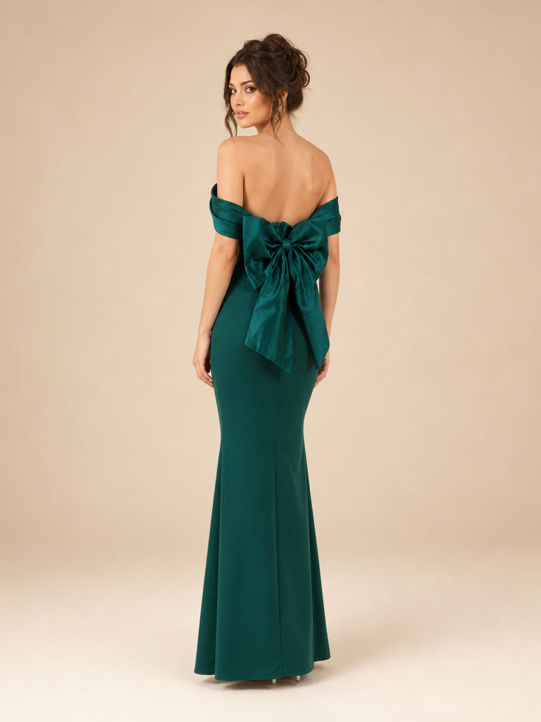 Vestido off shoulder con moño