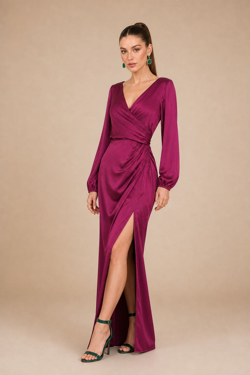 Vestido satín de mangas Lucielle
