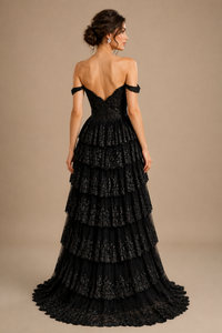 Vestido brilloso de olanes Portia