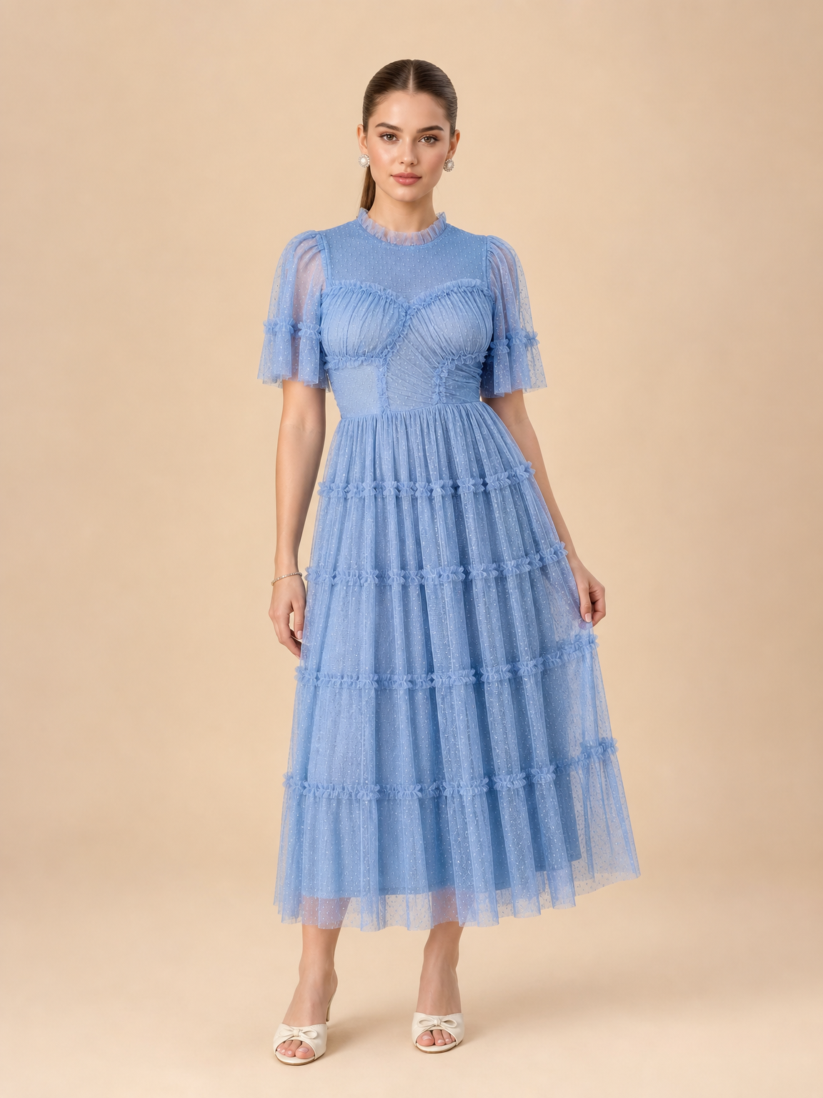 Vestido midi de tul con mangas
