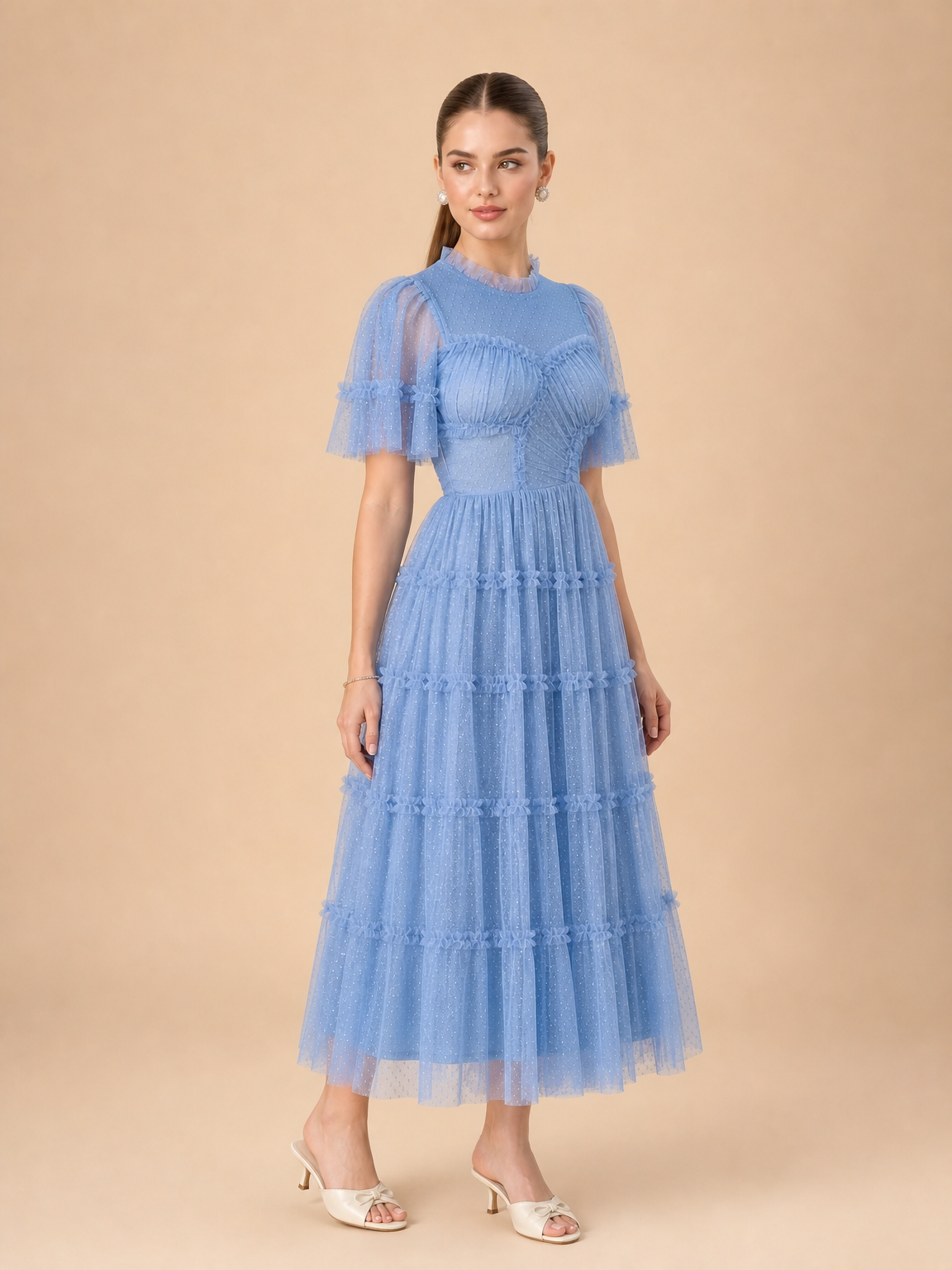 Vestido midi de tul con mangas