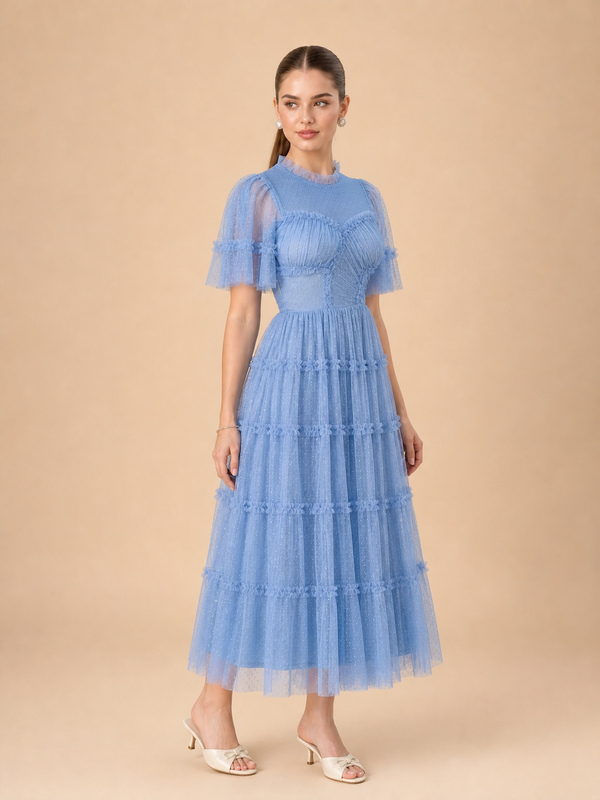 Vestido midi de tul con mangas