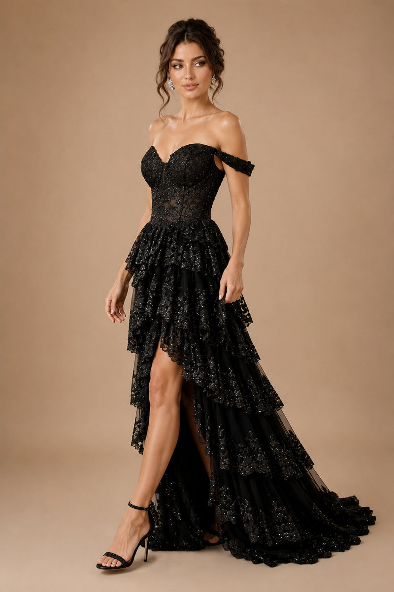 Vestido brilloso de olanes Portia
