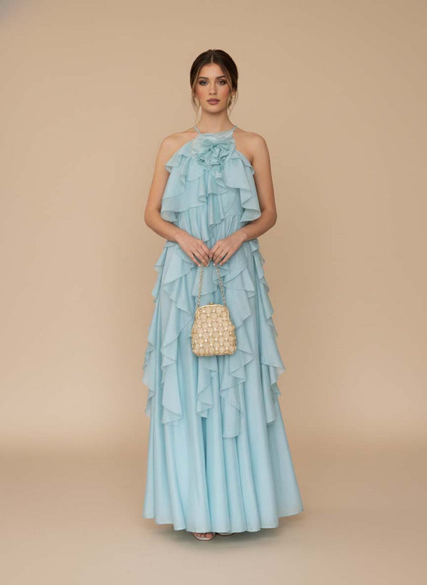 Vestido halter de escarolas Mariel