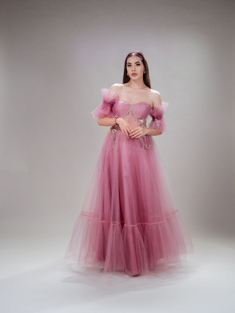 Vestido de tul con bordado plata Simoneta